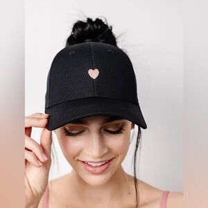 Popflex Black Hat with Embroidered Pink Heart High Ponytail Cap